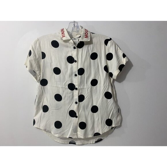 Women's XS Minnie Mouse Polka Dot Embroidered Collar Short Sleeve Blouse - Picture 1 of 13